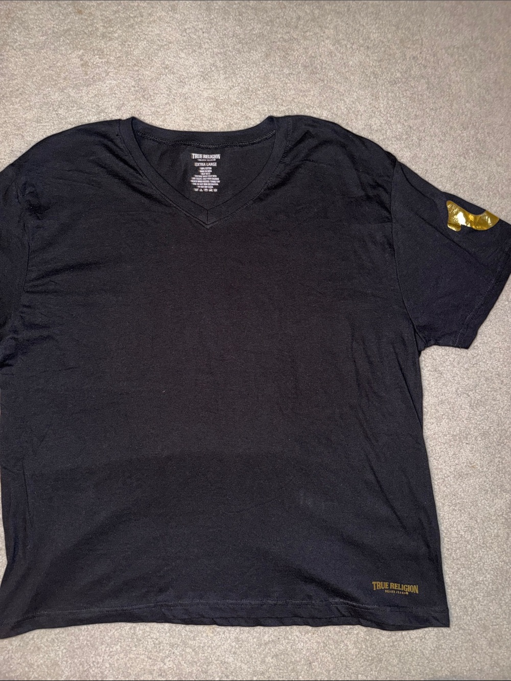 True Religion Black V-Neck Tee with Gold Accents